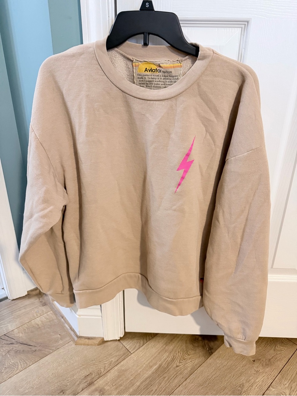 Aviator Nation Beige Crewneck Sweatshirt with Pink Lightning Bolt